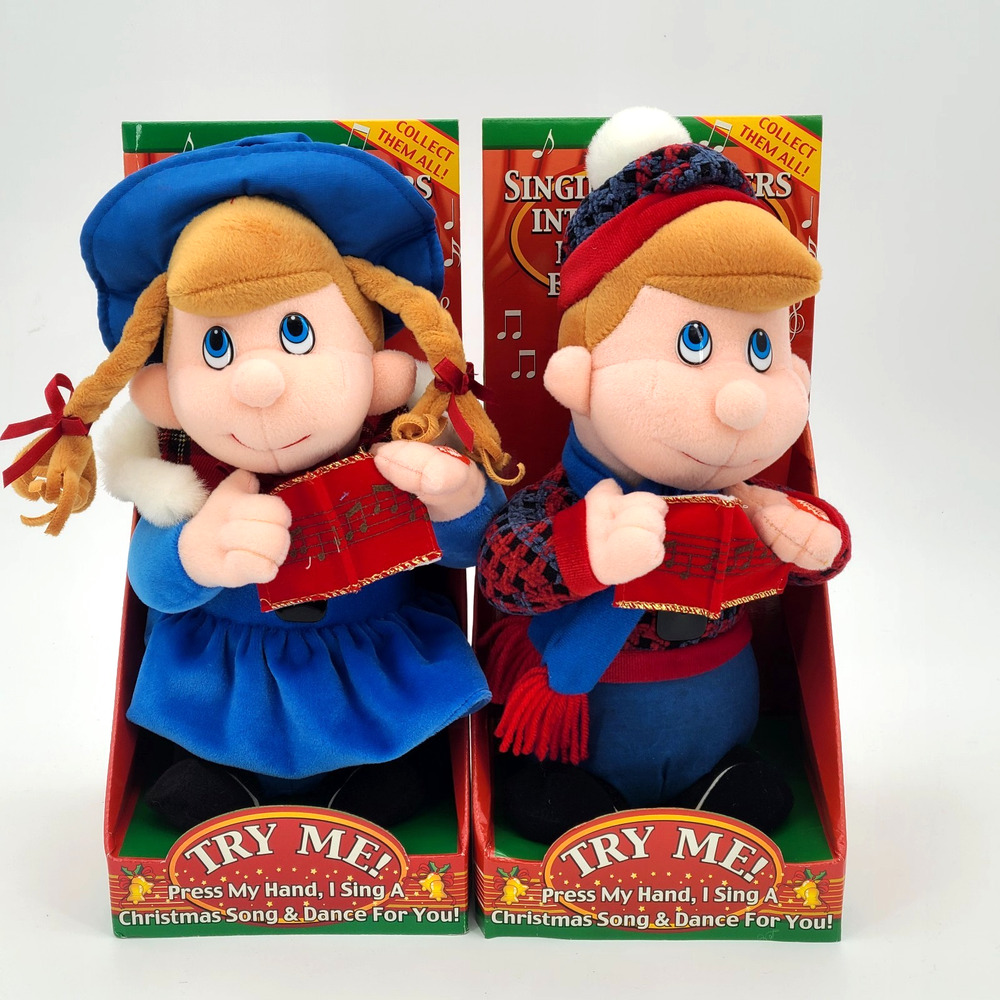 2 Rare TL NEW Interactive Christmas Carolers Plush Sing Boy & Girl